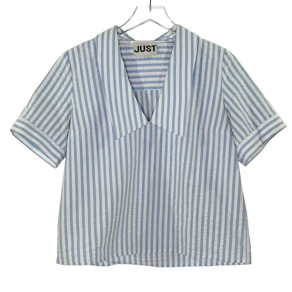 Just Female Seersucker Blue and White Striped Blouse